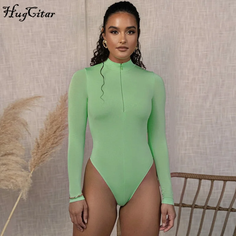 Hugcitar long sleeve front zipper v neck women sexy body 2020 autumn winter high stretchy basic bodysuit