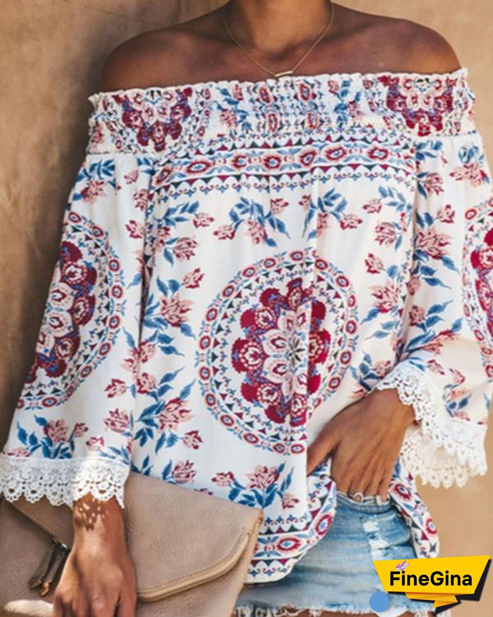 Boho Printed Casual Off Shoulder Shirts & Tops