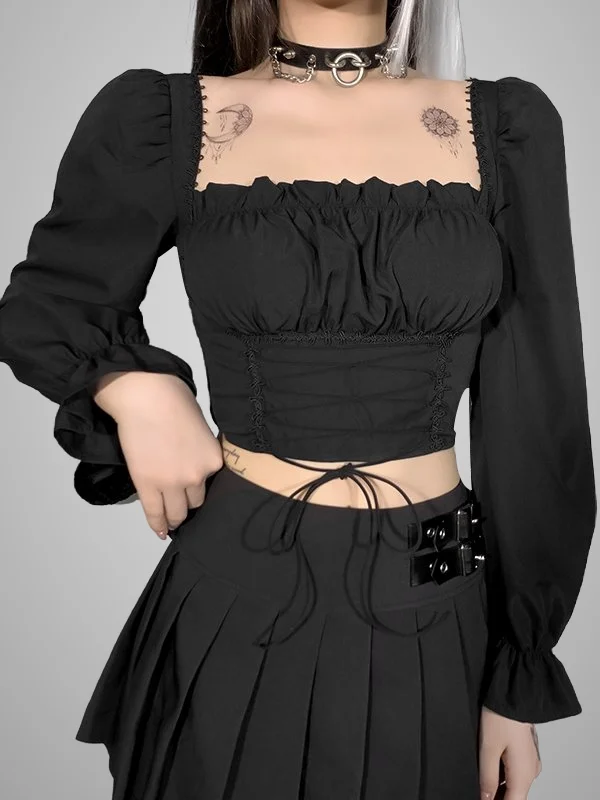 Gothic Black Lace Off Shoulder Long Bell Sleeve Solid Blouse
