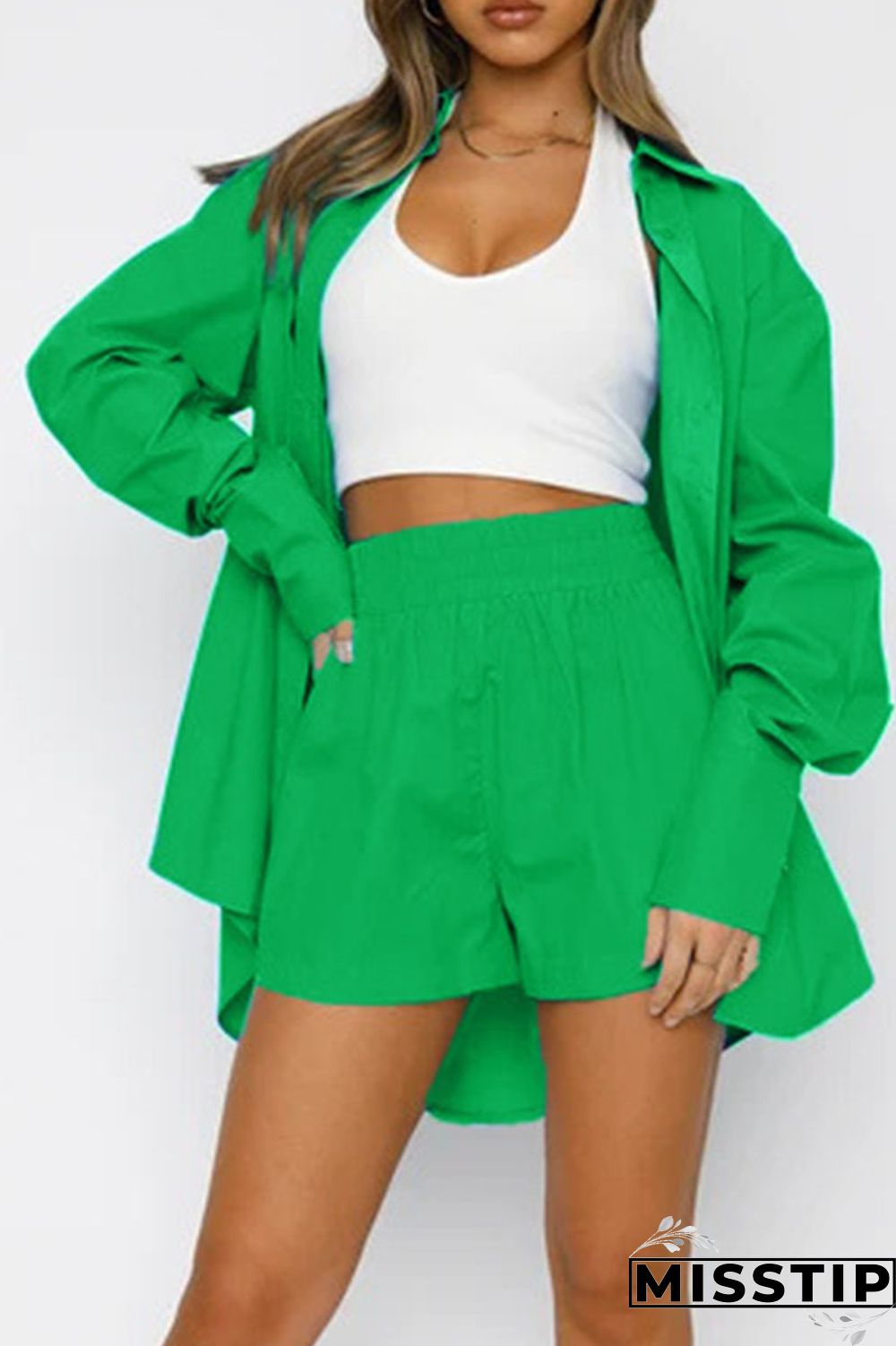 Green Casual Solid Patchwork Buckle Turndown Collar Long Sleeve Two Pieces