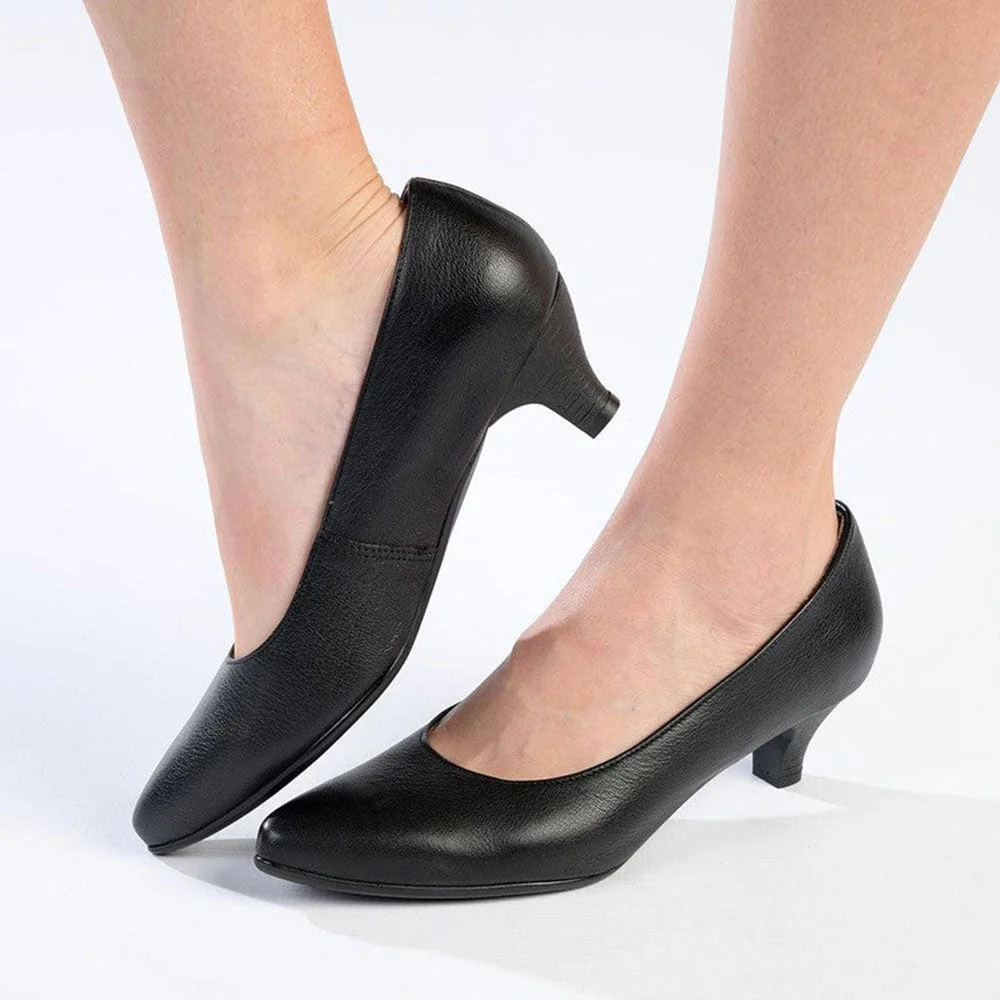 Women's Black Vegan Leather Pointed Toe Simple Low Heel Pumps