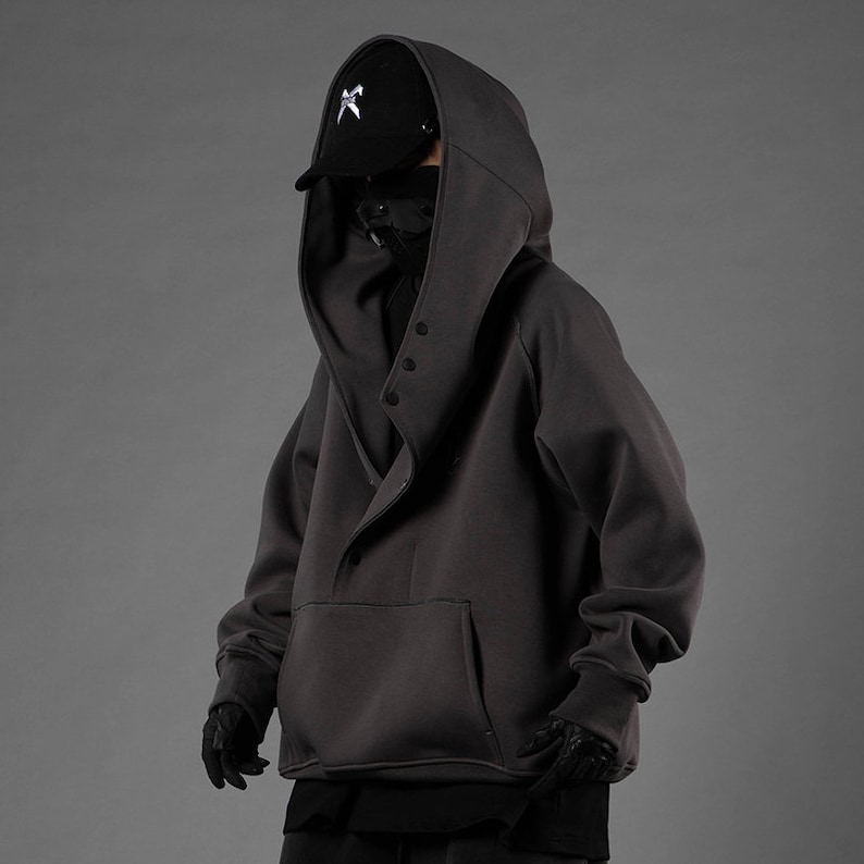 Cyberpunk Techwear Hoodie,Unisex Oblique Placket Hooded Sweater,Black ...