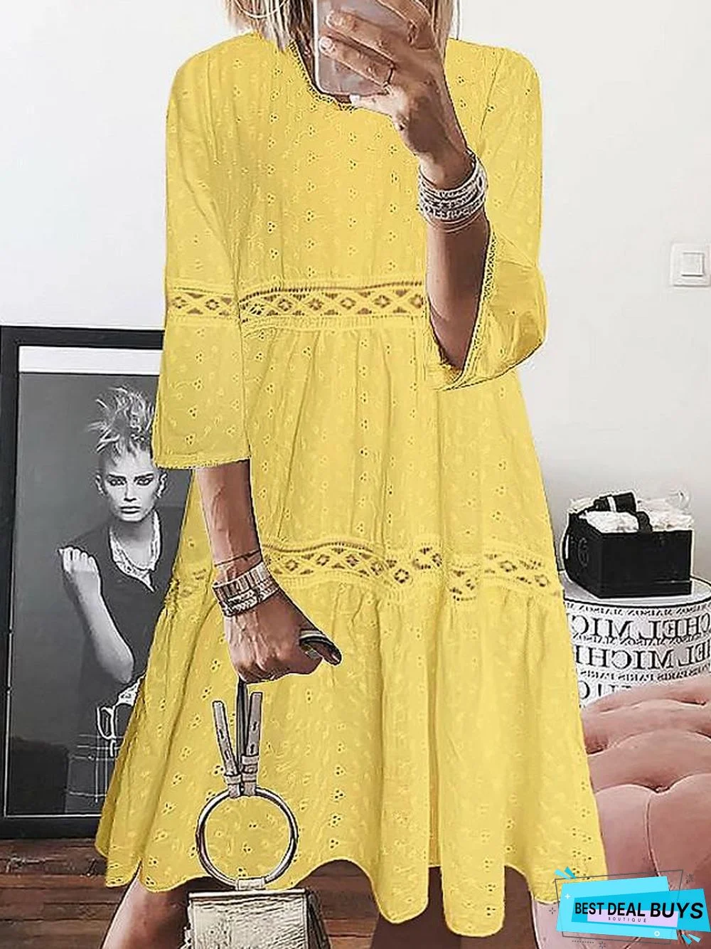 Women's A-Line Dress Short Mini Dress - 3/4 Length Sleeve Eyelet Lace Spring Summer Plus Size Hot Casual White Purple Yellow Light Blue White Dresses