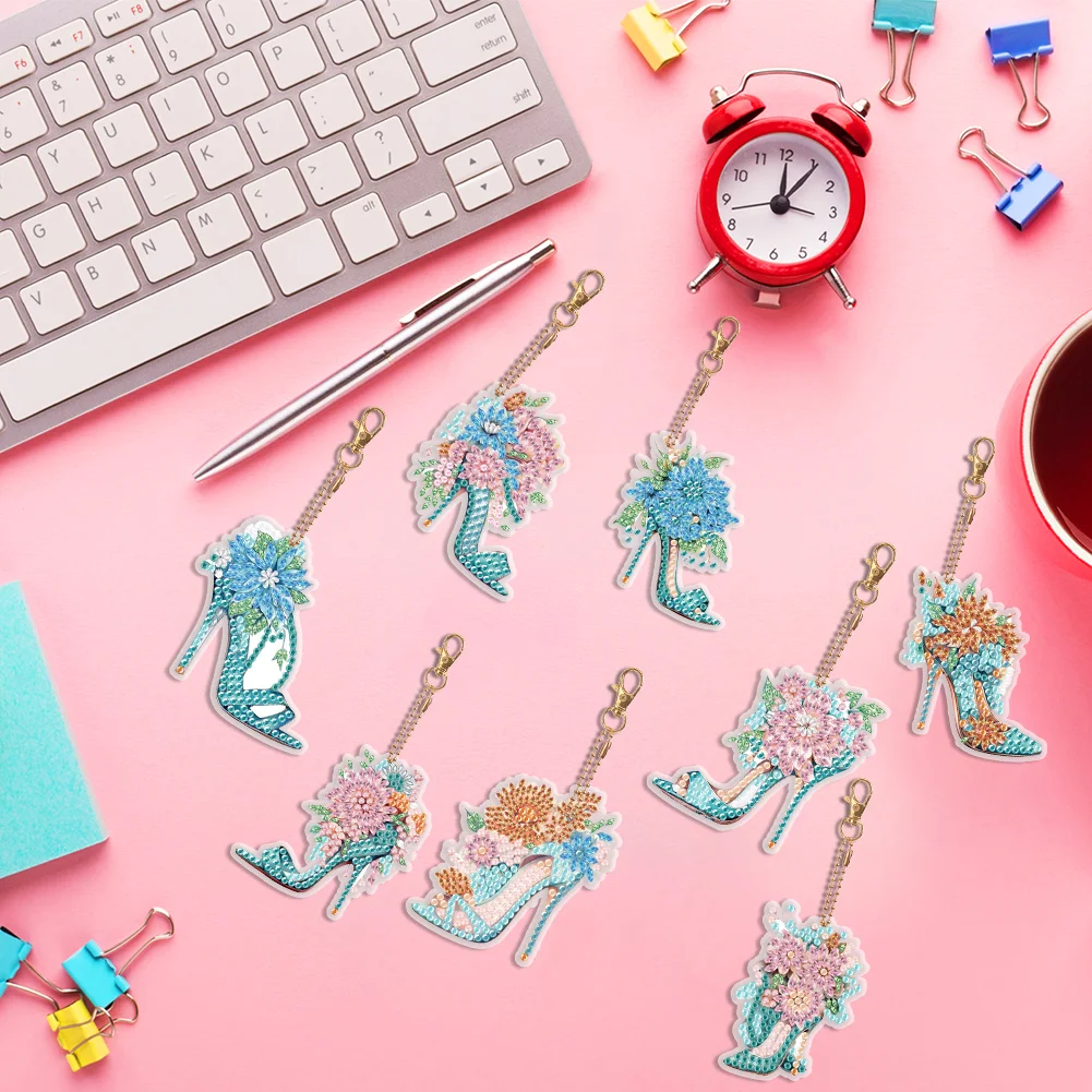 8pcs DIY Flower High Heels Diamond Keychains Pendant Double Sided Diamond Art Keychains