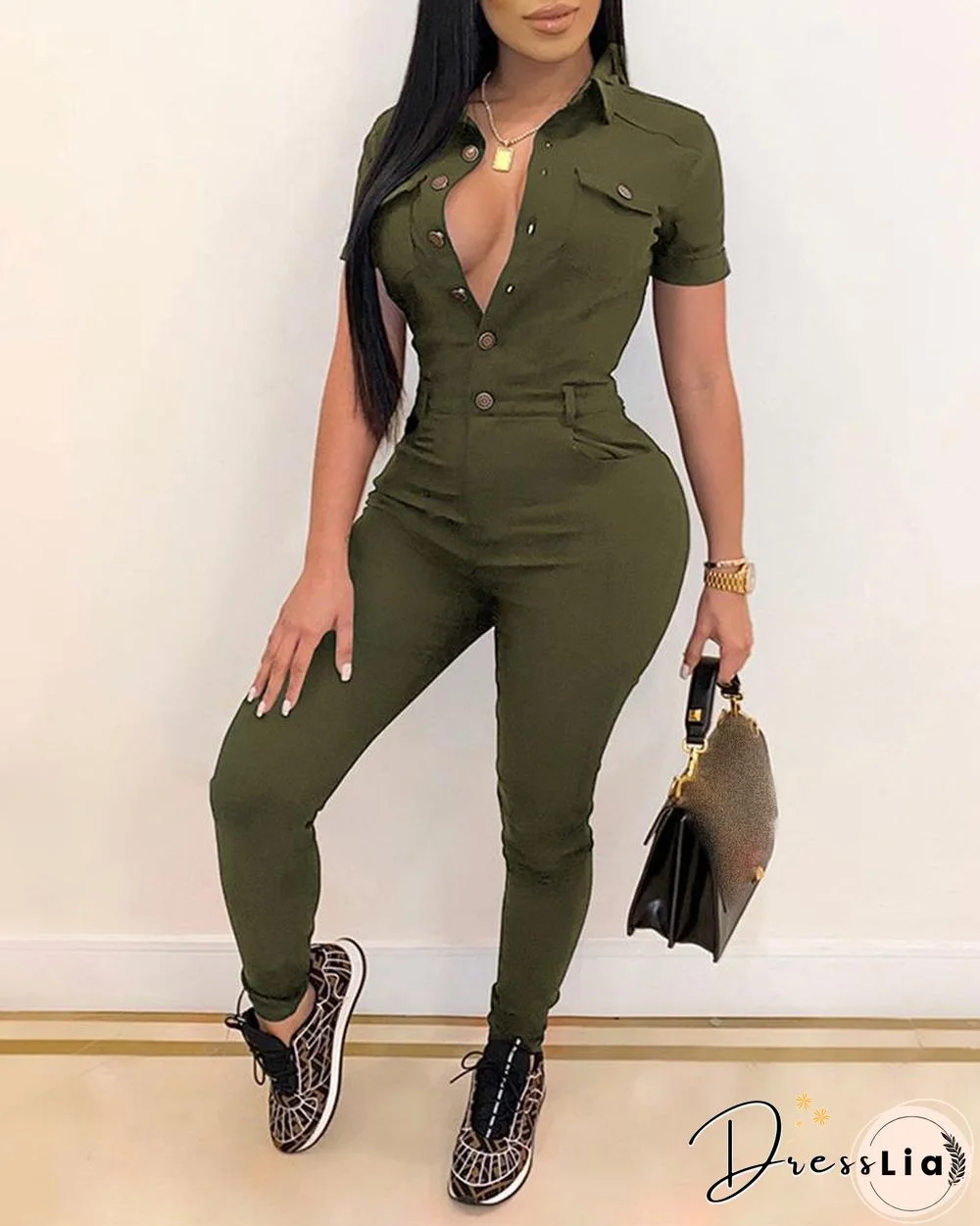 Buttoned Short Sleeve Skinny Jumpsuit