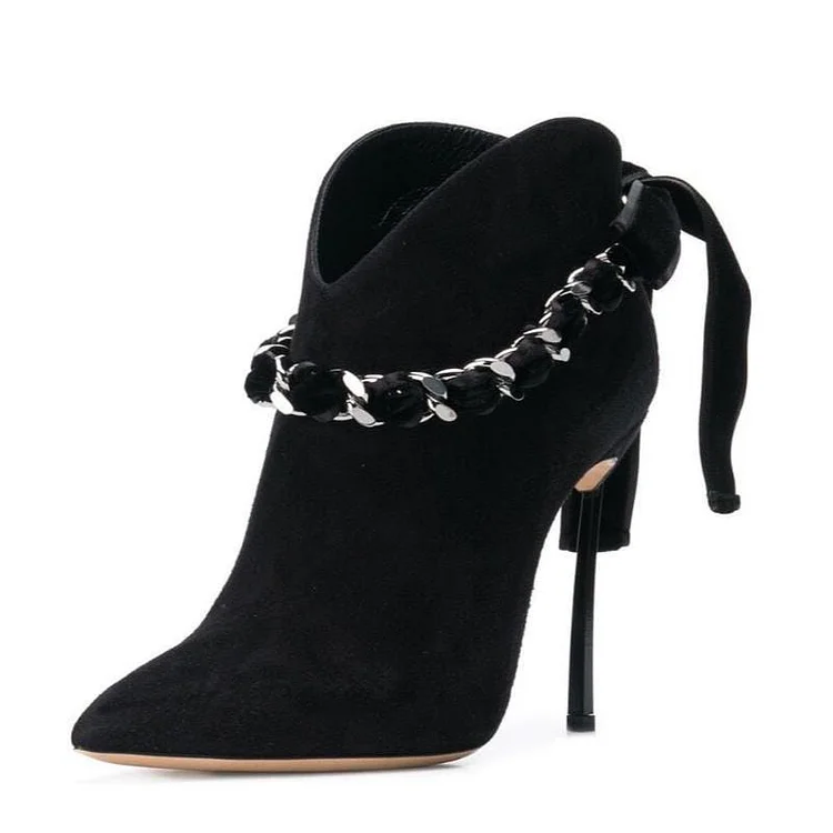 Black Chains Embellished Tie Back Blade Heel Pointed Toe Ankle Boots |FSJ Shoes