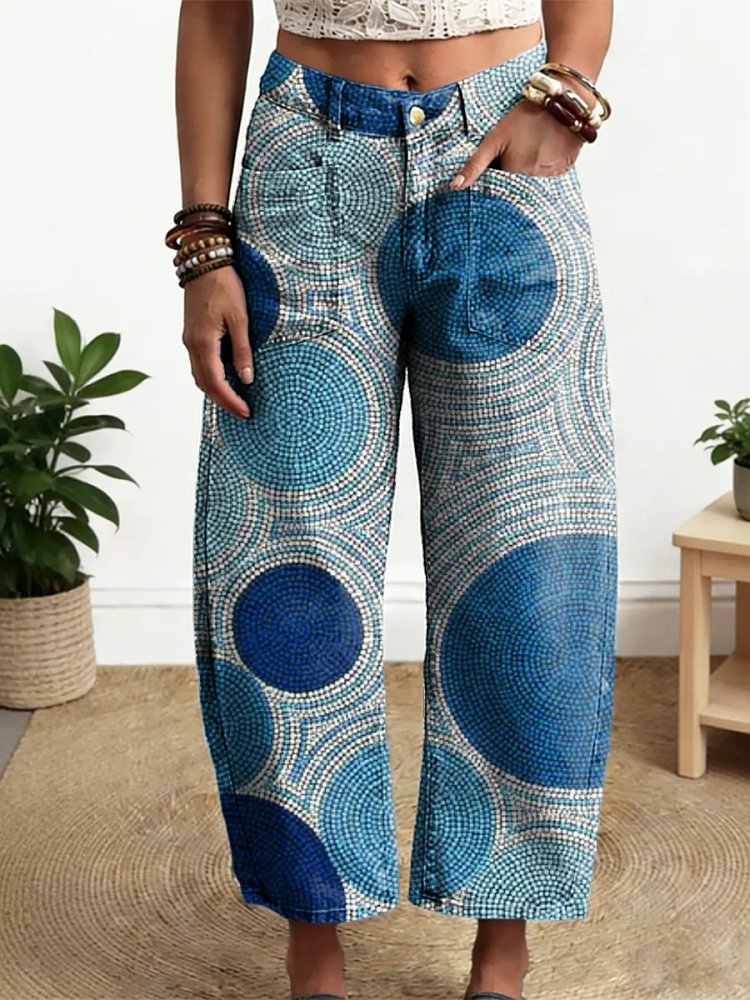 Women's Abstract Pattern Art Print Casual Cotton Denim Pants