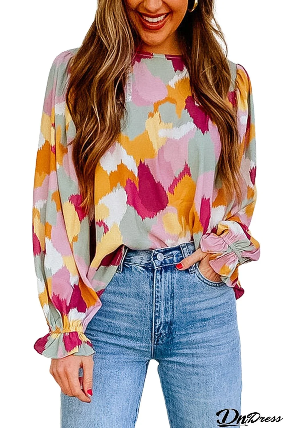 Multicolor Abstract Printed Long Sleeve Blouse