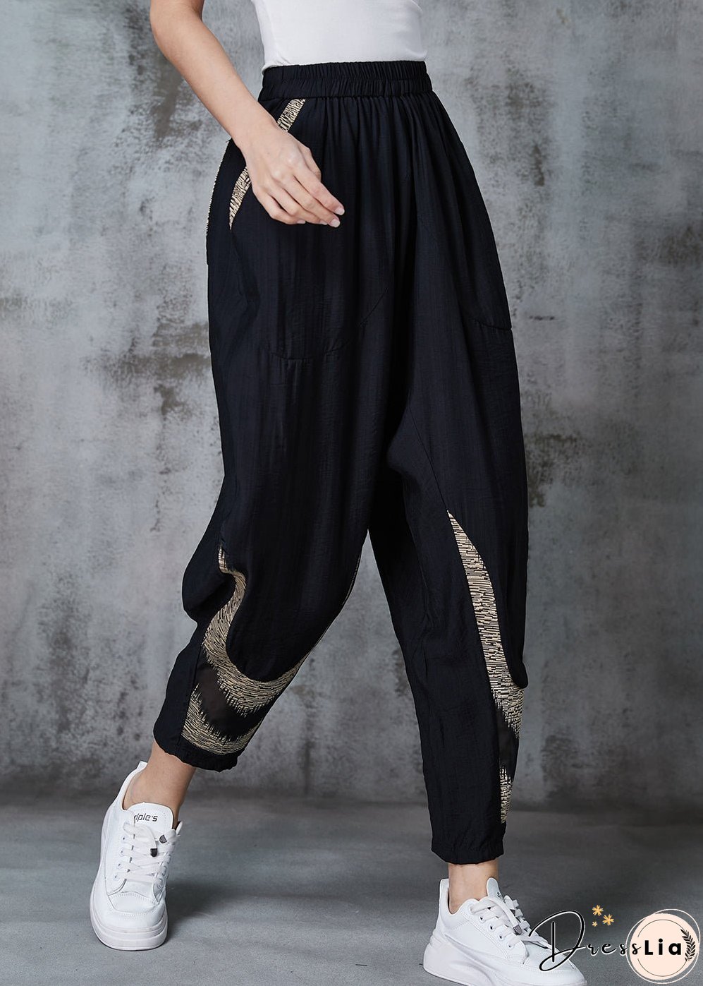 Khaki Tie Dye Cotton Harem Pants Oversized Pockets Spring