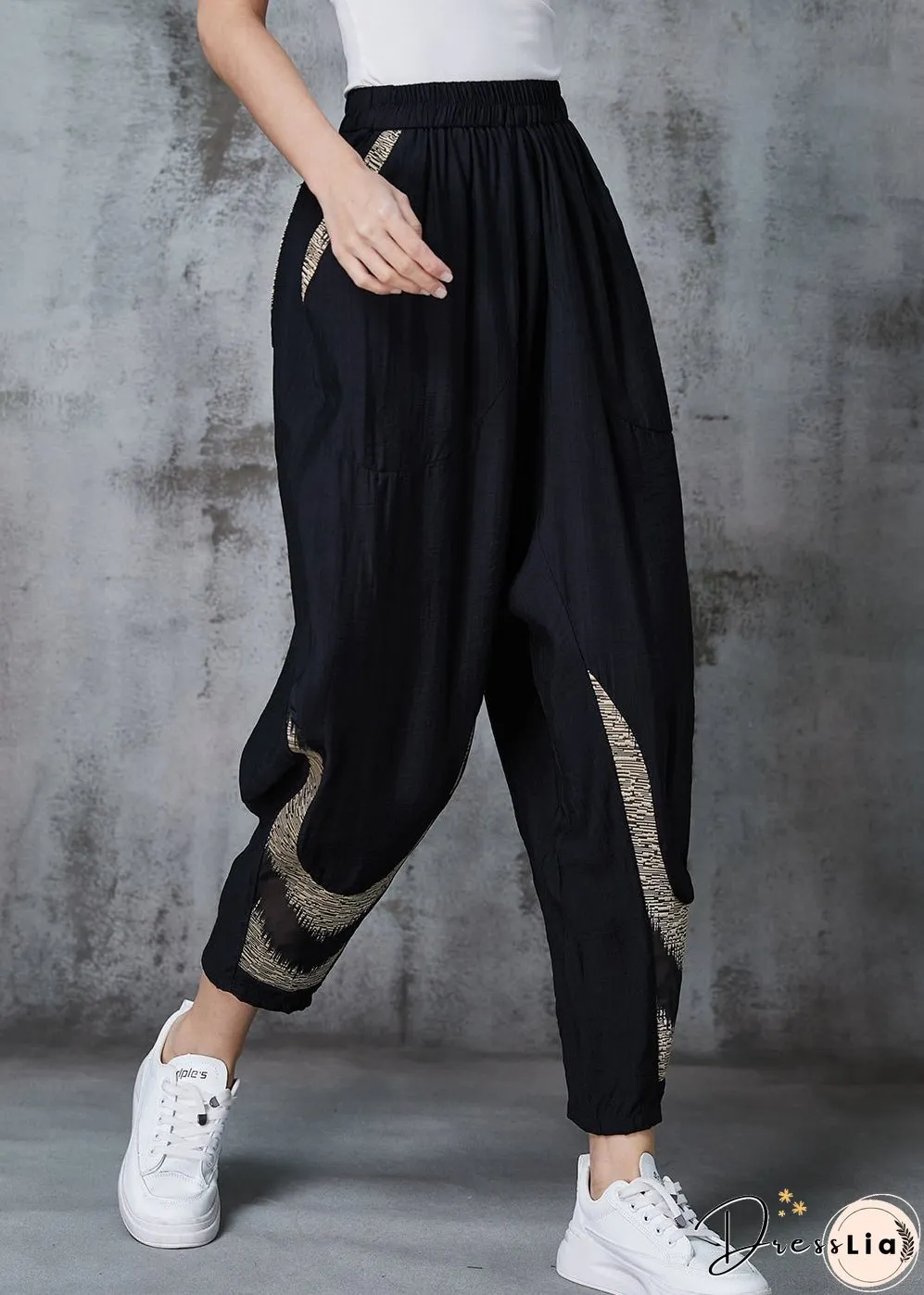 Khaki Tie Dye Cotton Harem Pants Oversized Pockets Spring