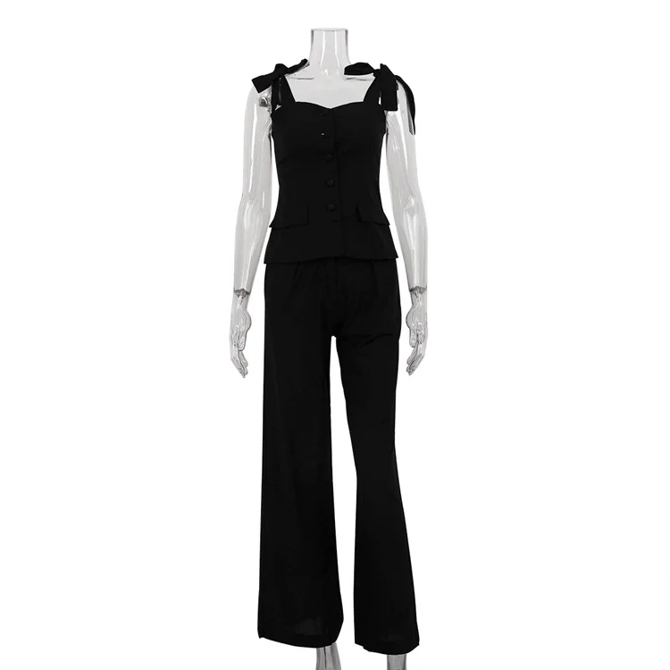 Black Bandeau Sling Top High Waist Wide Leg Pants Two-piece Suit