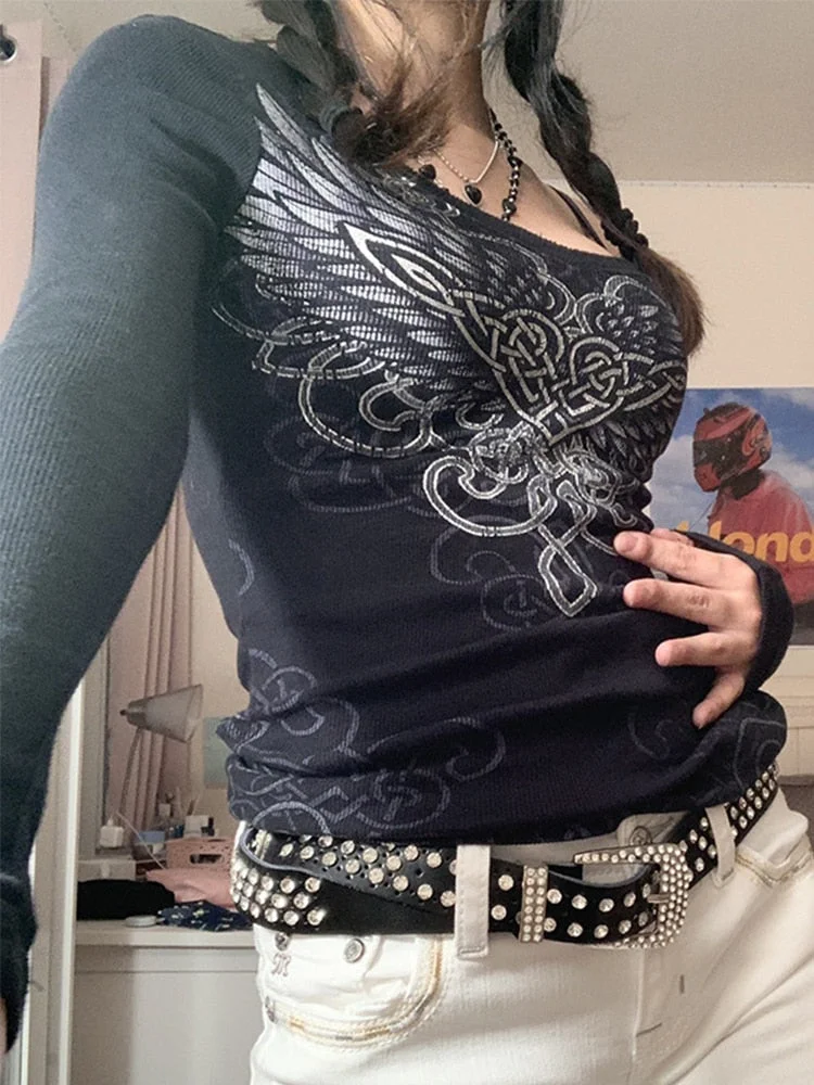 Tawnie Y2K Fairy Grunge Autumn Crop Top 2022 Printed Long Sleeve T Shirt Women Casual Grafic Tops Harajuku Vintage Clothes