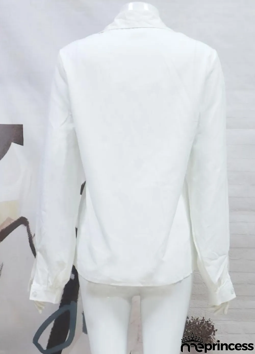 Fall White Mesh Patch Button Up Long Sleeve Formal Blouse