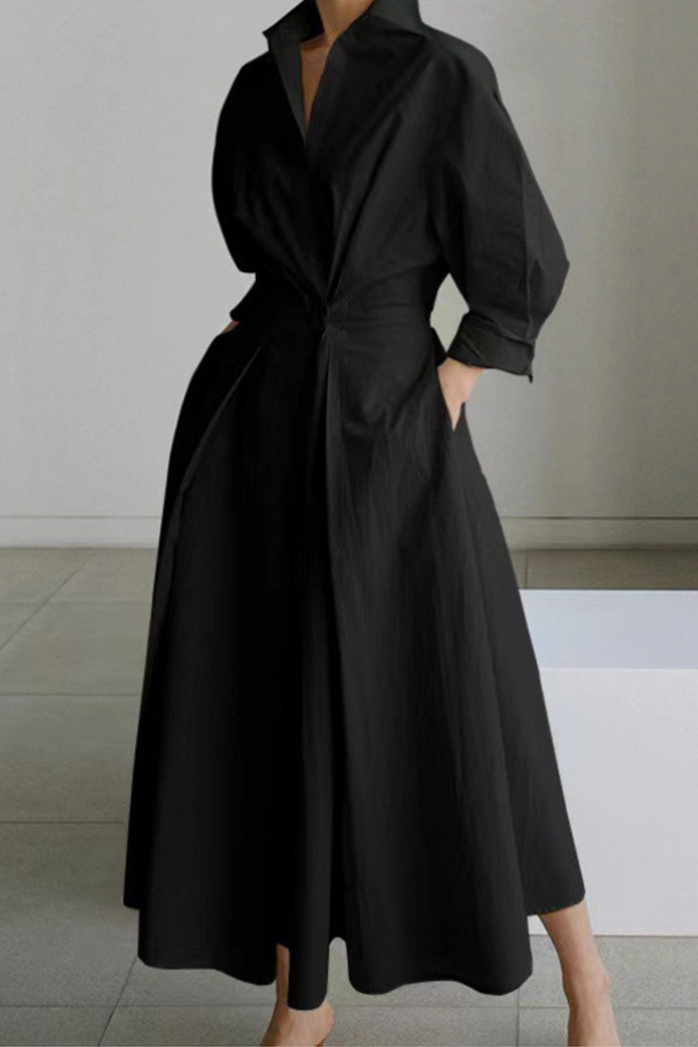 Plus Size Everyday White Cotton Shirt Collar Button Pocket Long Sleeve Midi Dress 2024 - Flycurvy 