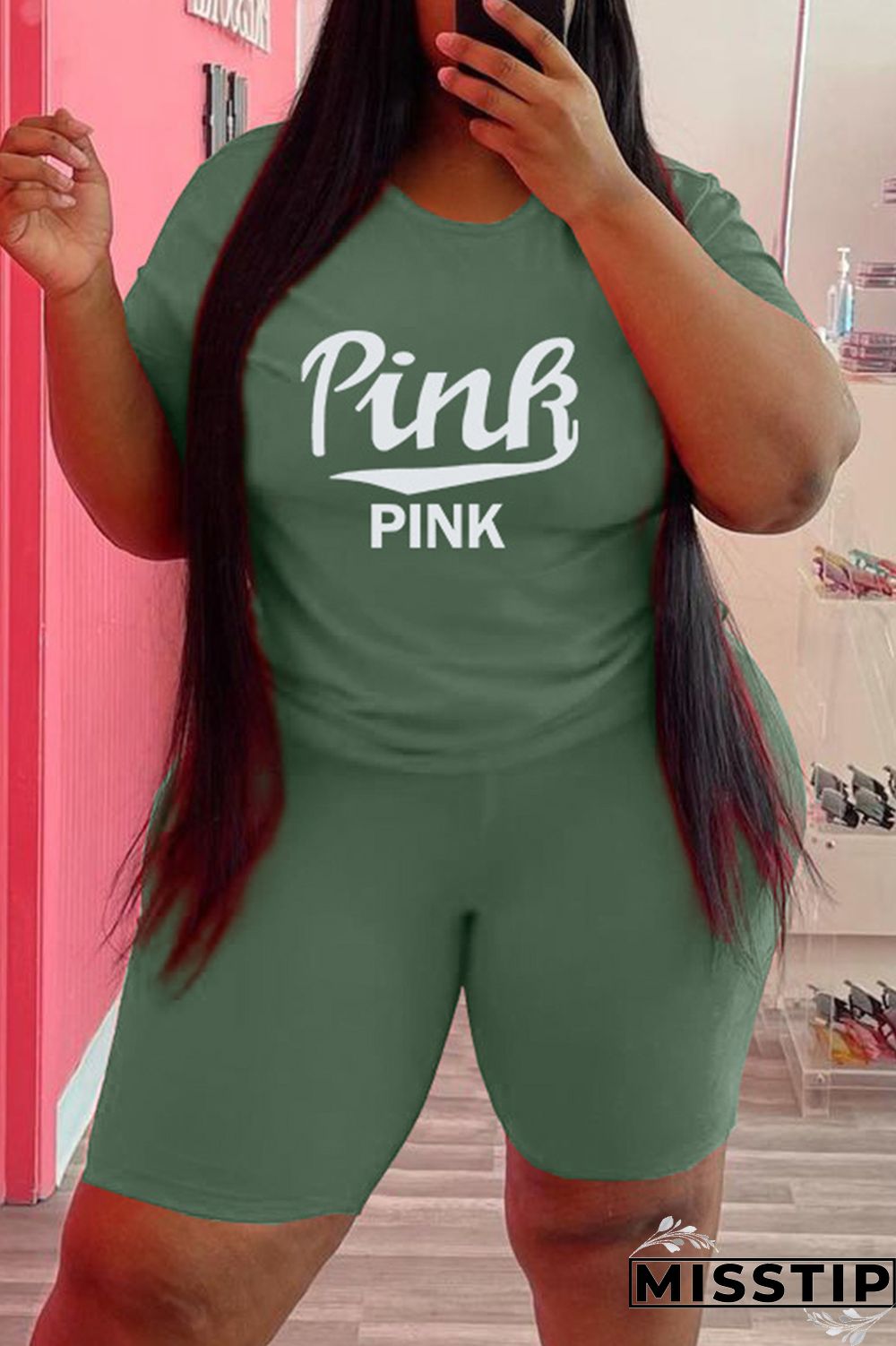 Army Green Fashion Casual Letter Print Patchwork O Neck Plus Size Two Pieces