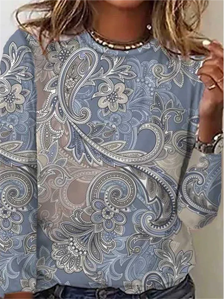 Autumn and winter hot style printed loose round neck long-sleeved top T-shirt