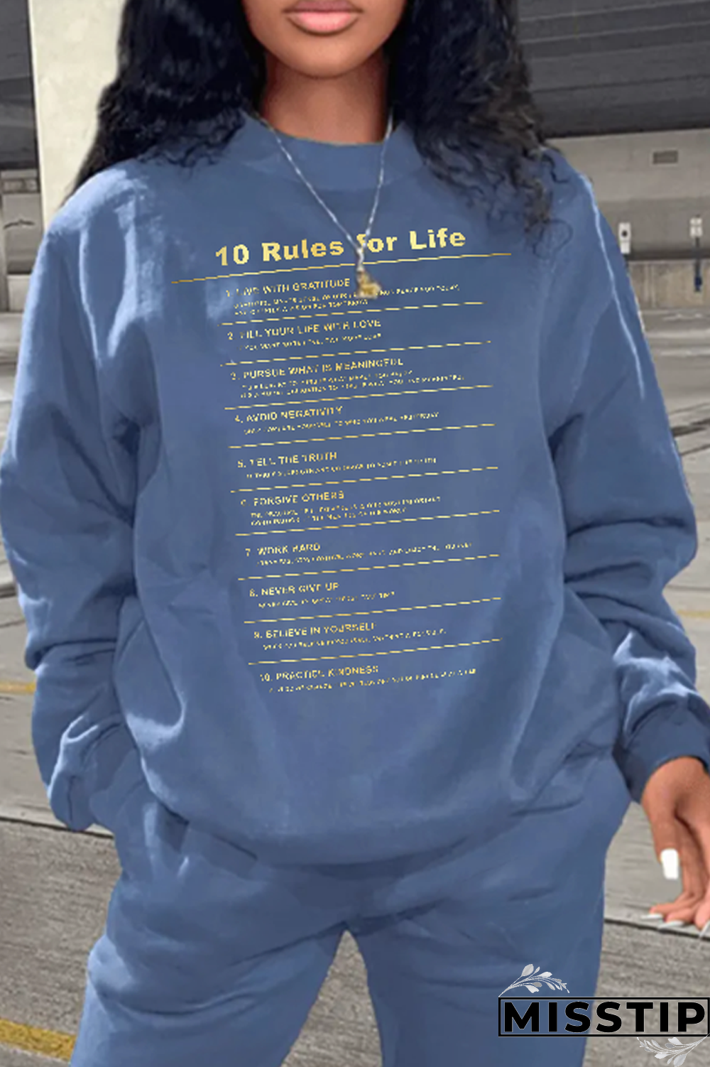 Blue Street Print Letter O Neck Tops