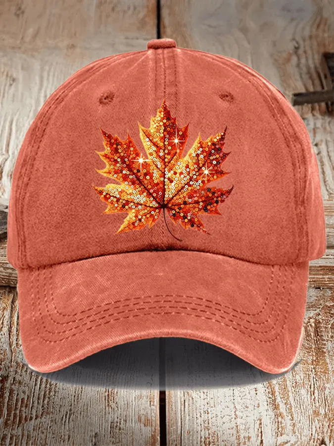 Sequined Pumpkin Maple Leaf Print Hat 