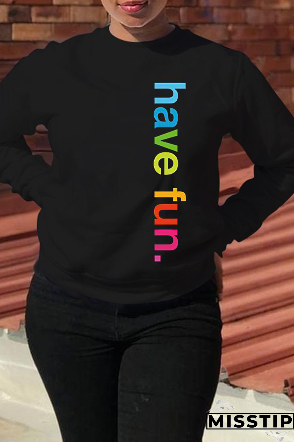 Black Casual Print Letter O Neck Tops