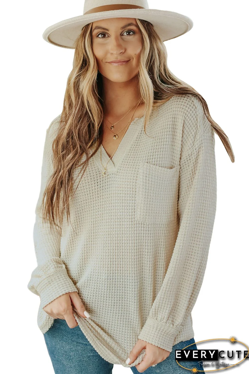 Beige Waffle Knit Split Neck Pocketed Loose Top