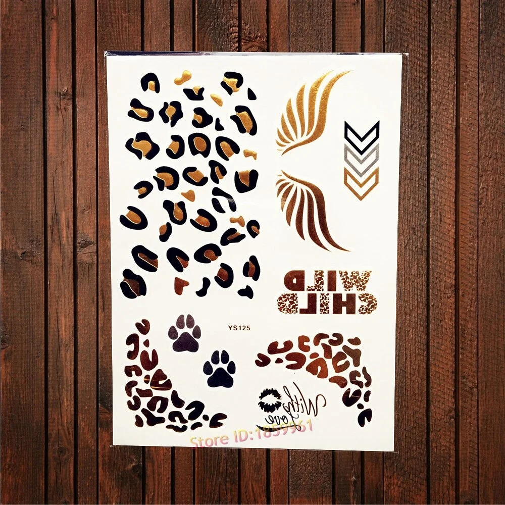 Sexy Leopard Print Tattoo Gold Metallic Wing Design Temporary Tattoo Sticker Women Body Art Waterproof Fake Tatoo Decals AYS-125