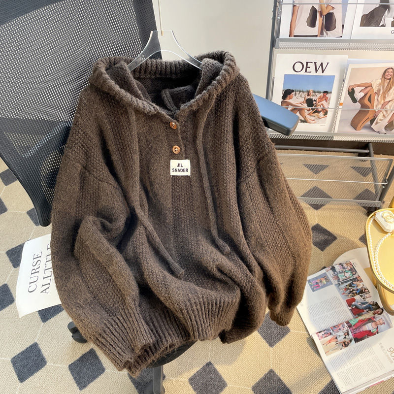 sweater Korean Style Loose Lazy Hooded Sweater Women's Autumn and Winter 2024 New Soft Glutinous Thick Drawstring Knitted Sweater Top