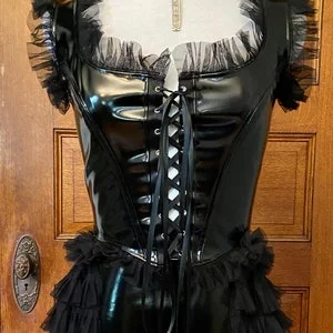 pornhint Pornhint Ravenglass Bodice - Front Lacing PVC Corset with Ruffles - Gothic Vinyl Corset - Corset with Straps - Burlesque - Fetish - Goth