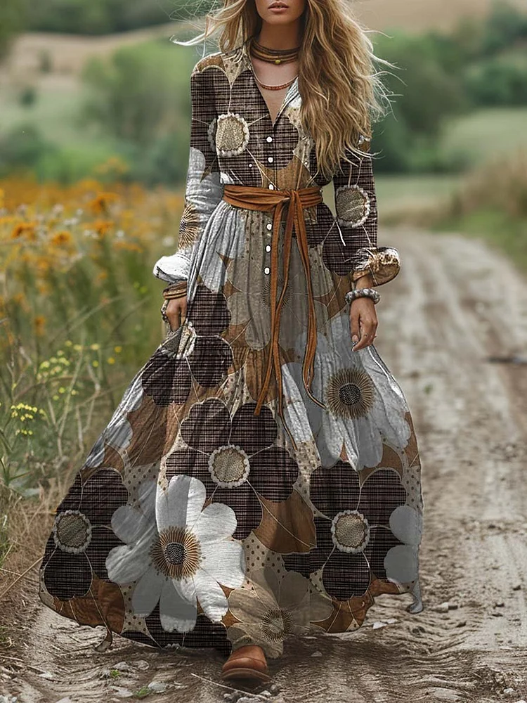 Women's Vintage Shirt Collar Contrast Color Flowers Long Sleeve Dress Pocket Cotton Dress