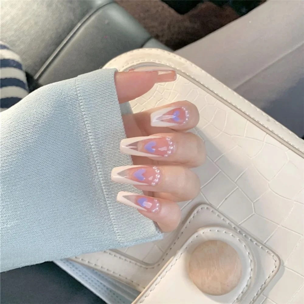 24pc Artistic French False Nails Ballerina Tips for nails Wearable Long Coffin Fake Nails korean Full Cover Nail Tips Detachable