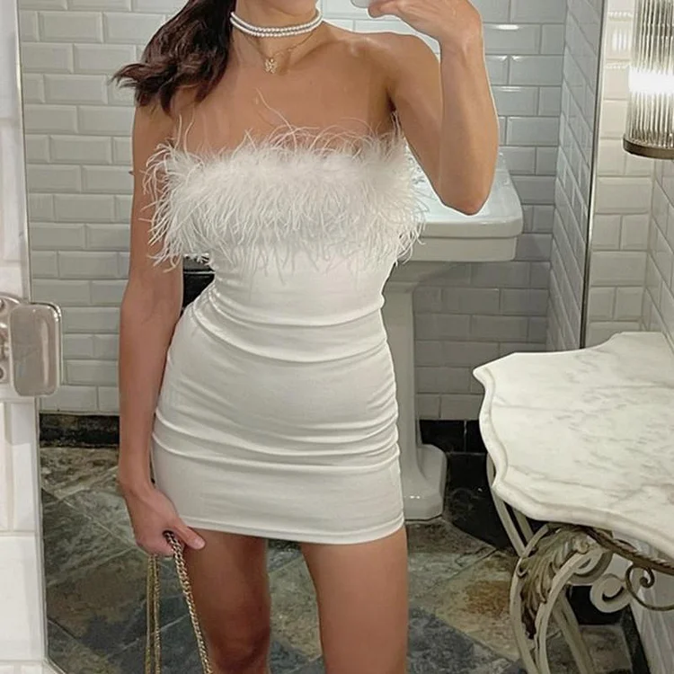 Promsstyle tube top feather solid white bodycon mini dress Prom Dress 2023