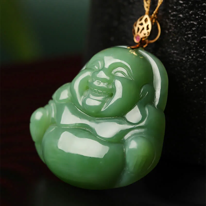 Laughing Buddha 925 Sterling Silver Hetian Cyan Jade Luck Chain Necklace Pendant