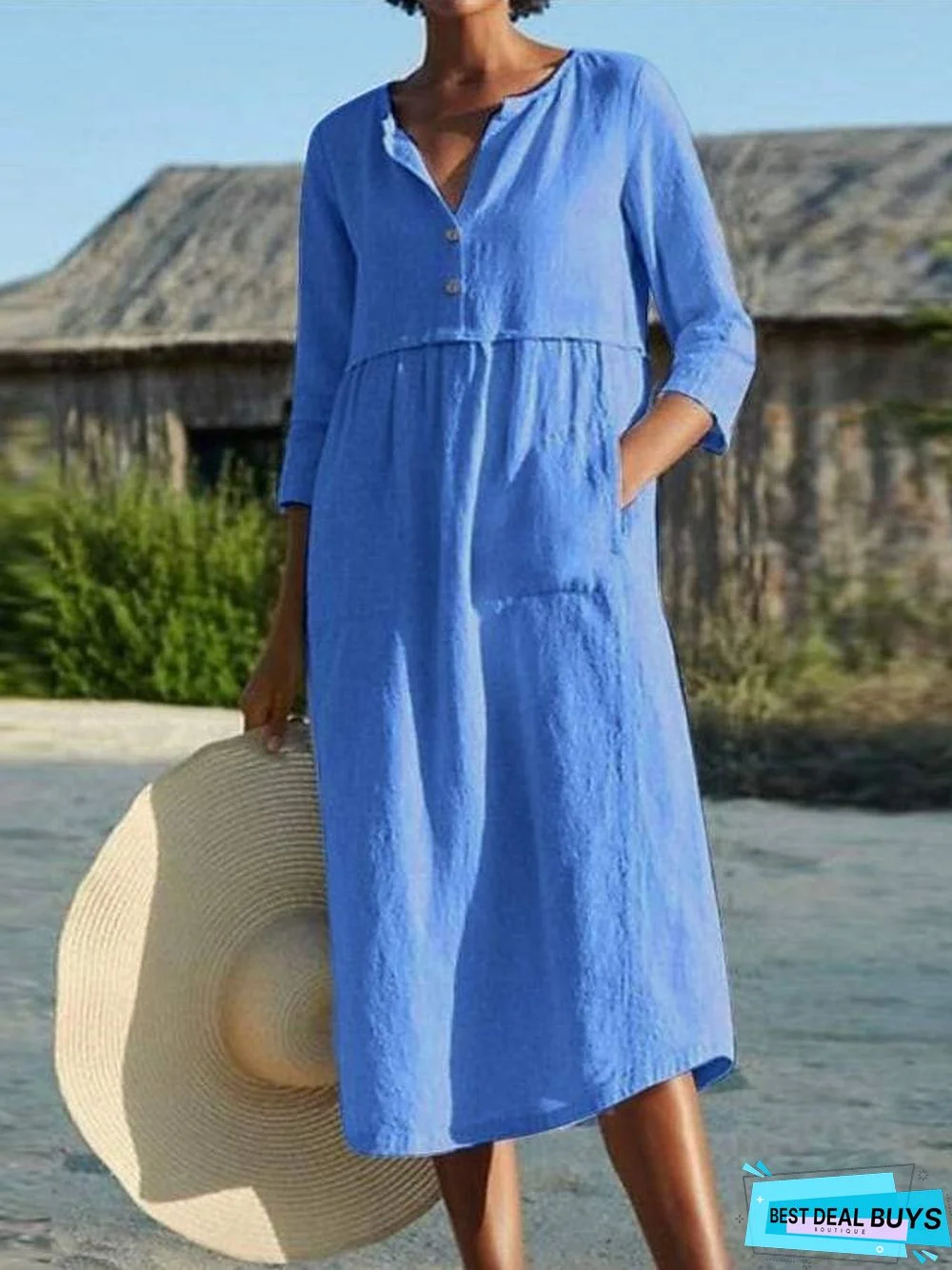 Women's A Line Dress Midi Dress Black Blushing Pink Wine Light Blue 3/4 Length Sleeve Solid Color Pocket Summer Shirt Collar Work Hot Casual Linen