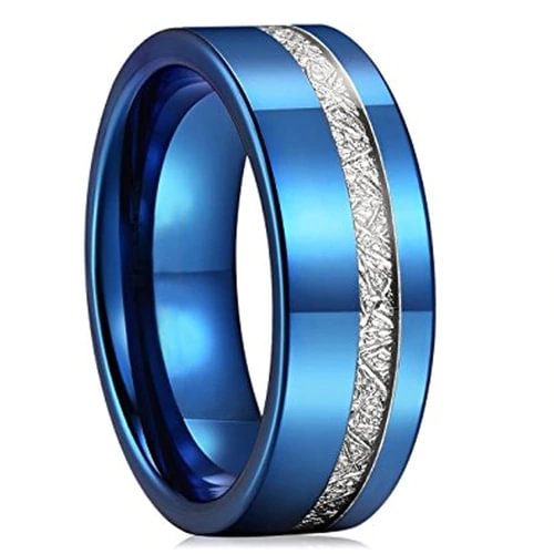 Women's Or Men's Tungsten Carbide Wedding Band Rings,Blue Tone Bands with Thin Inspired Meteorite Inlay Groove,Flat Edged Comfort Fit Ring With Mens And Womens For Width 4MM 6MM 8MM 10MM