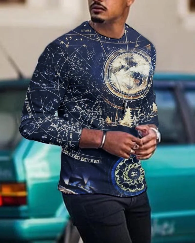 Men's Casual Long Sleeved Creative  Abstract Astrolabe Pattern T-shirt