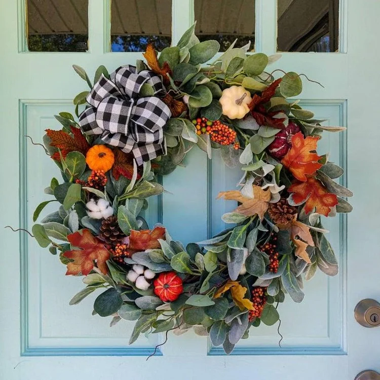 Buffalo Check Bow Pumpkin Front Door Fall Wreaths | AvasHome