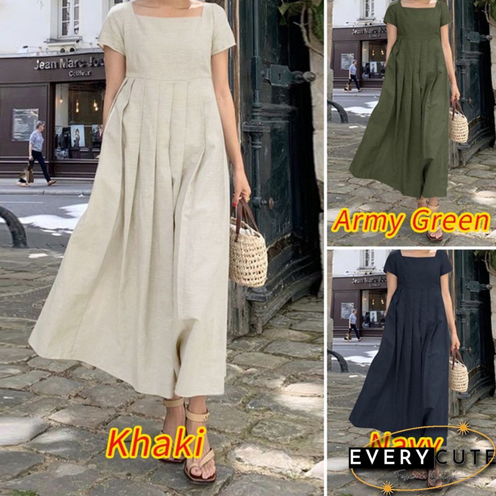 Square Collar Loose Short Sleeve Long Dress Summer Square Collar Solid Color Women Clothing