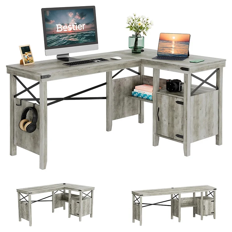 Bestier Farmhouse 2 Person 60 inch L-Shaped Computer Desk 