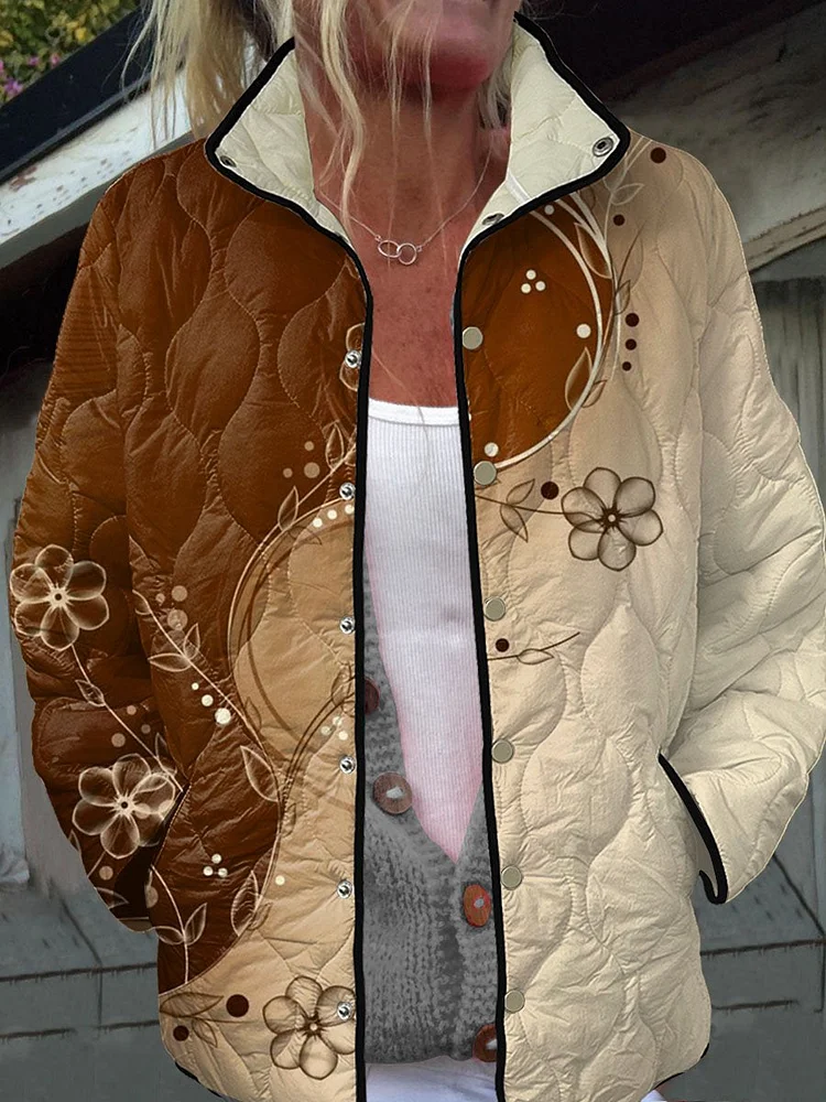 Women's Elegant Vintage  Floral  Art Print Casual Quilted Jacket