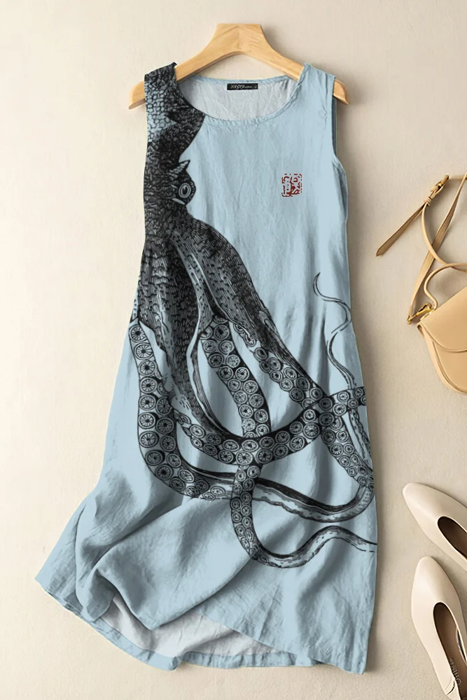 Vintage Japanese Art Octopus Print Sleeveless Cotton And Linen Midi Dress