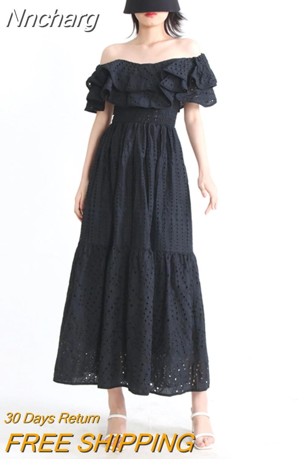 Nncharge Embroidery Elegant Dress For Women Slash Neck Short Sleeve High Waist Cut Out Midi Dresses Female Summer Clothing