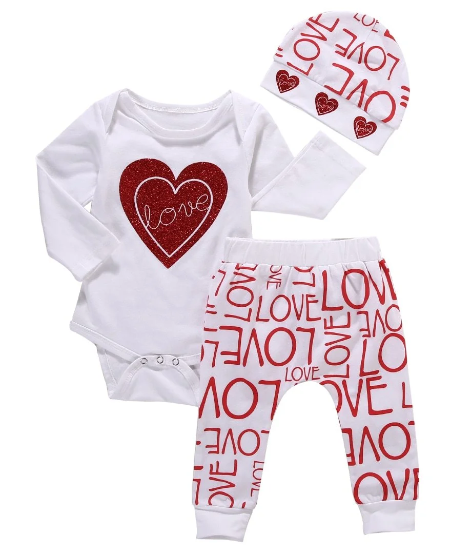 Newborn Toddler Infant Baby Girl Love Heart Romper Pants Hat 3pcs Outfits Set Casual Clothes Set