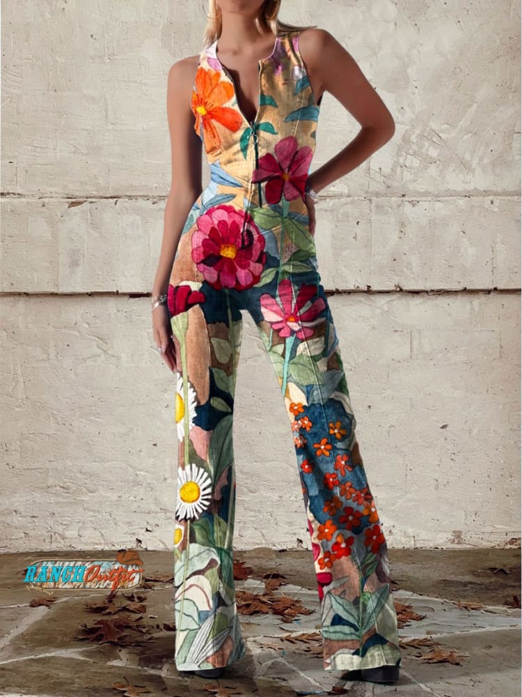 Women’s Vintage Flower Art Print Casual Denim Jumpsuit Multicolor / Xs