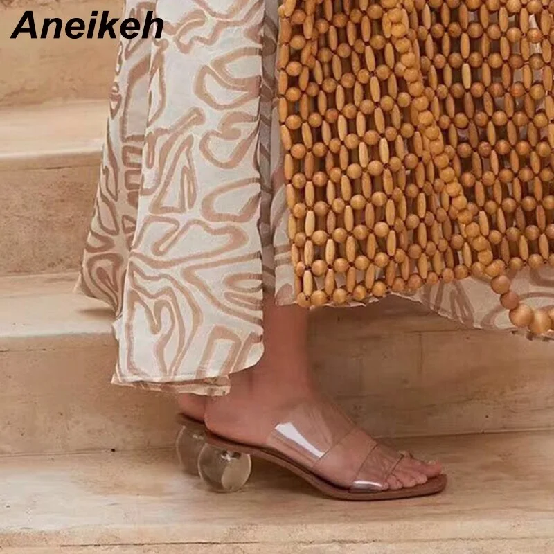 Aneikeh Size 42 43 Fashion PVC Sandals Open Toed Sexy Jelly Round Heels Crystal Women Shallow Transparent Slippers Pumps Party