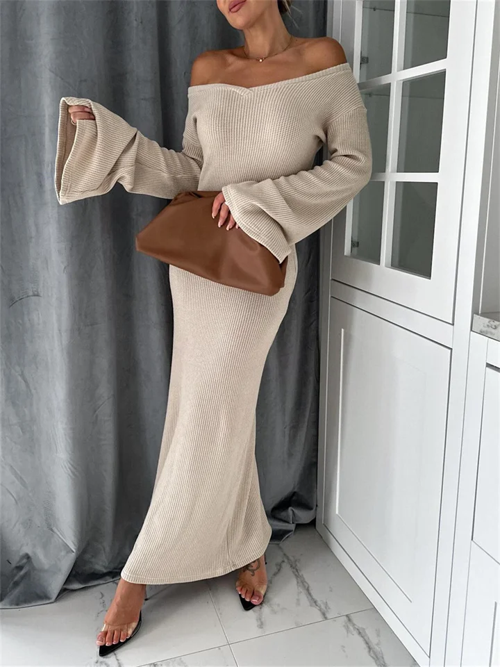 Autumn and Winter New Knitted V-neck Long-sleeved Temperament Elegant Dress Long Elegant Style Women's-Cosfine