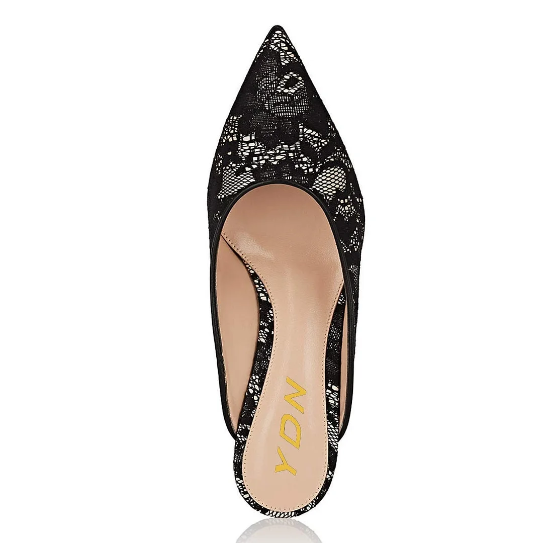 Sexy Black Lace Pointed Toe Slip-On Kitten Heeled Mules By YDN