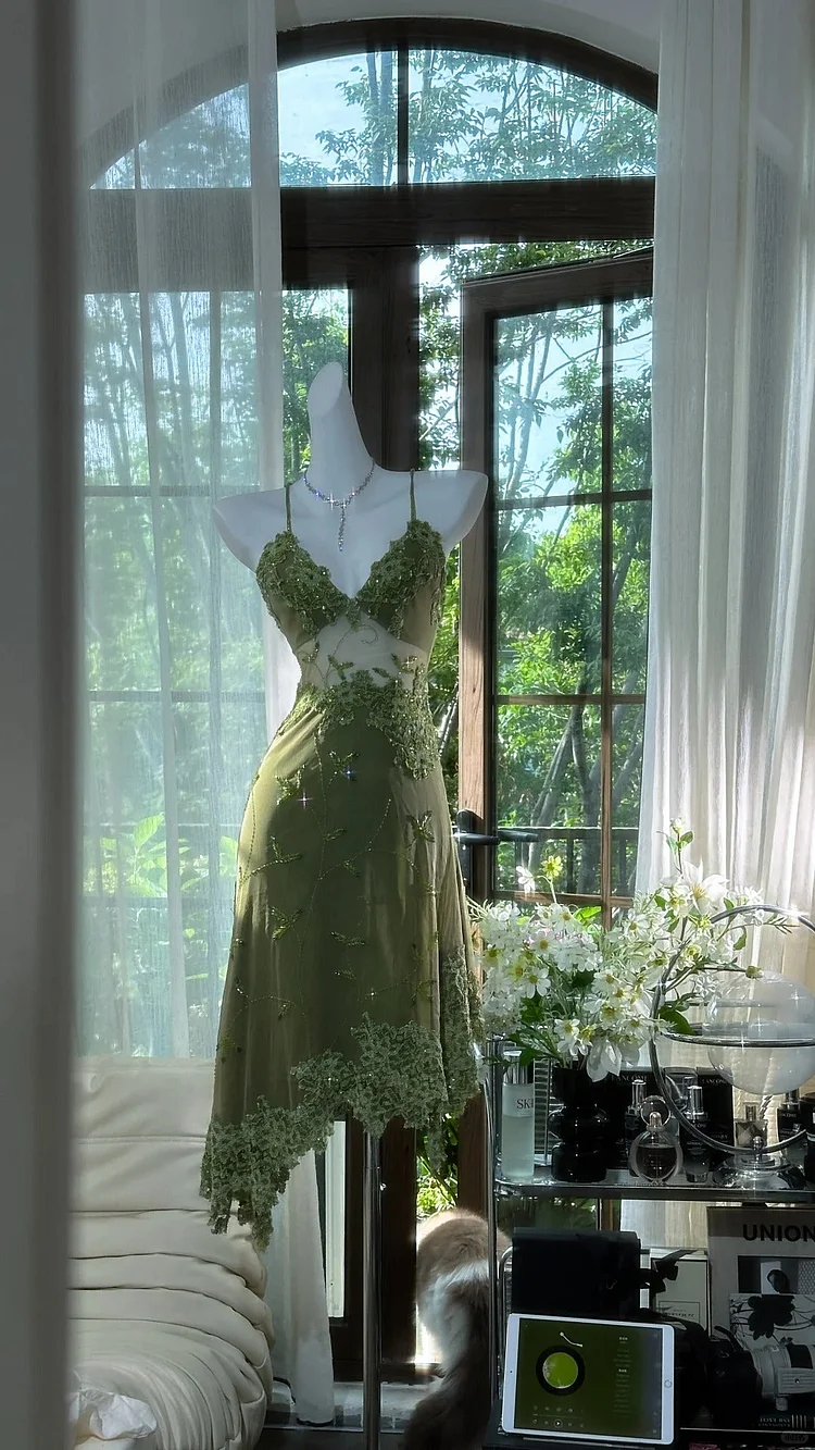 Green vintage beaded short chiffon homecoming dress prom dress evening dress birthday party dress date dress dance dress