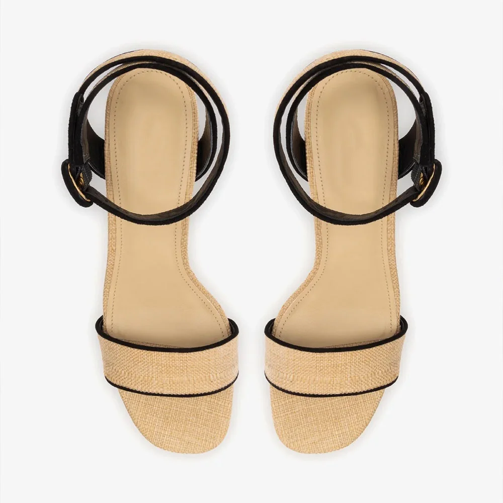 Beige Raffia Ankle Strap Block Heel Platform Sandals with Buckle