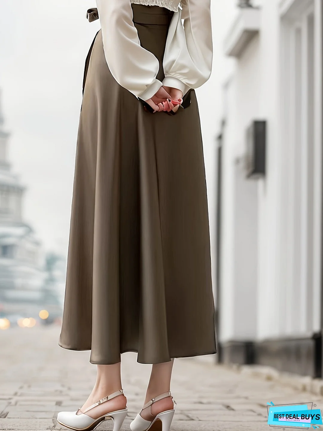 Solid High Waist Draped Skirt, Elegant Lace Up Flared Swing Midi Skirt, Women's Clothing