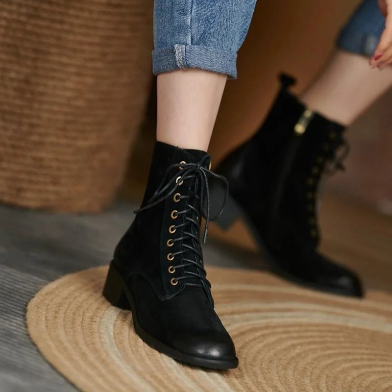 VSTACAM Halloween 2023 New Fall Shoes Zipper Genuine Leather Boots Women Retro Lace Ankle Boots For Women Plus Size 42 Fashion Winter Boots Women