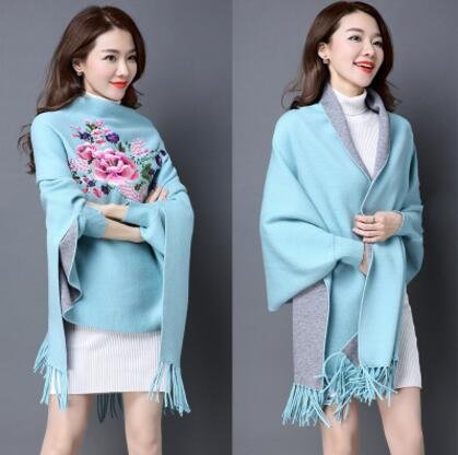 2021 Printed Tassel Knitting Poncho New Fashion Long Batwing Sleeve Swing Sweater Wrap Cardigan Female V Neck